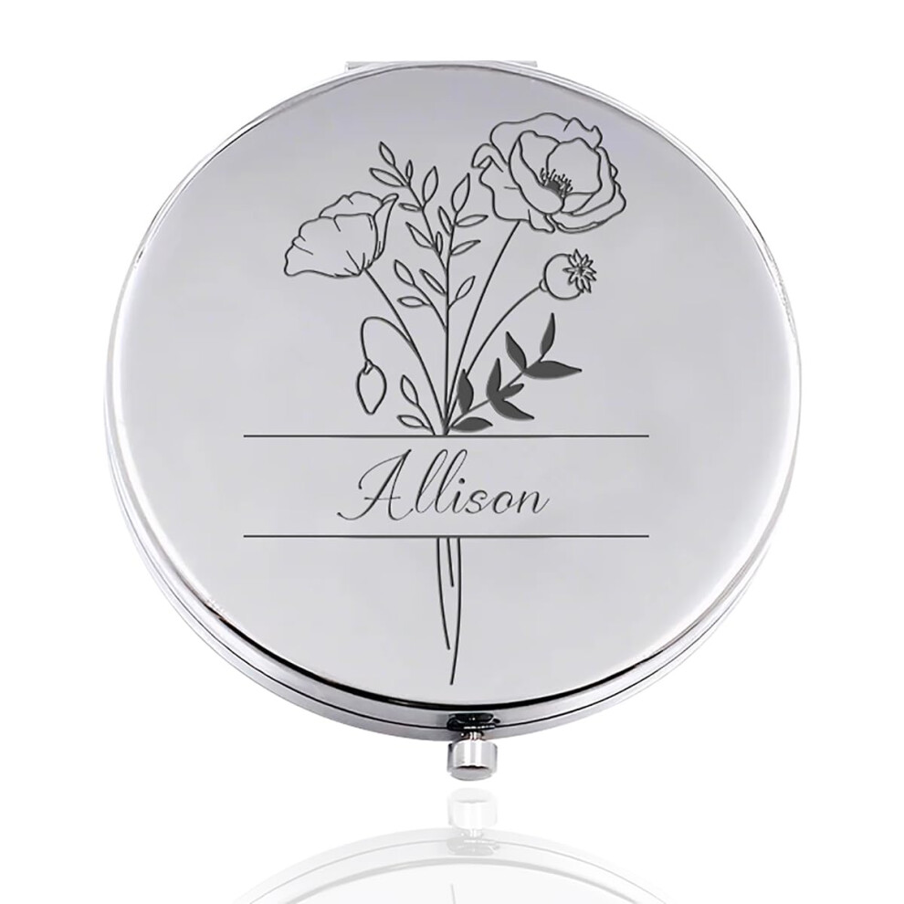 Silver Compact Mirror For Women With Custom Name Engraving, Dualsided Magnification,
