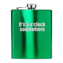 7 oz Stainless Steel Hip Flask It's 5 o' Clock Somewhere (Green)