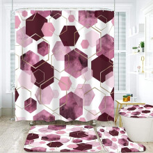 4PCS Berry Shower Curtain Set Marble Geometric Pink Abstract Curtains + 12 Hooks, Bath Mat & Toilet Rugs