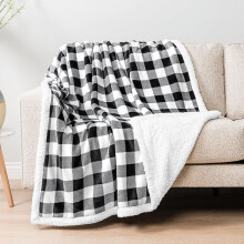 Black and White Buffalo Plaid Sherpa Throw Blanket, Soft Fuzzy Flannel Fleece for Couch Sofa Bed, Warm Cozy Winter Gift