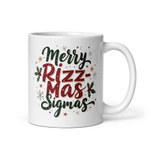 Funny Merry Rizzmas Xmas Gen Alpha Christmas White Glossy Mug, Merry Rizz Mas Sigmas (11 oz)