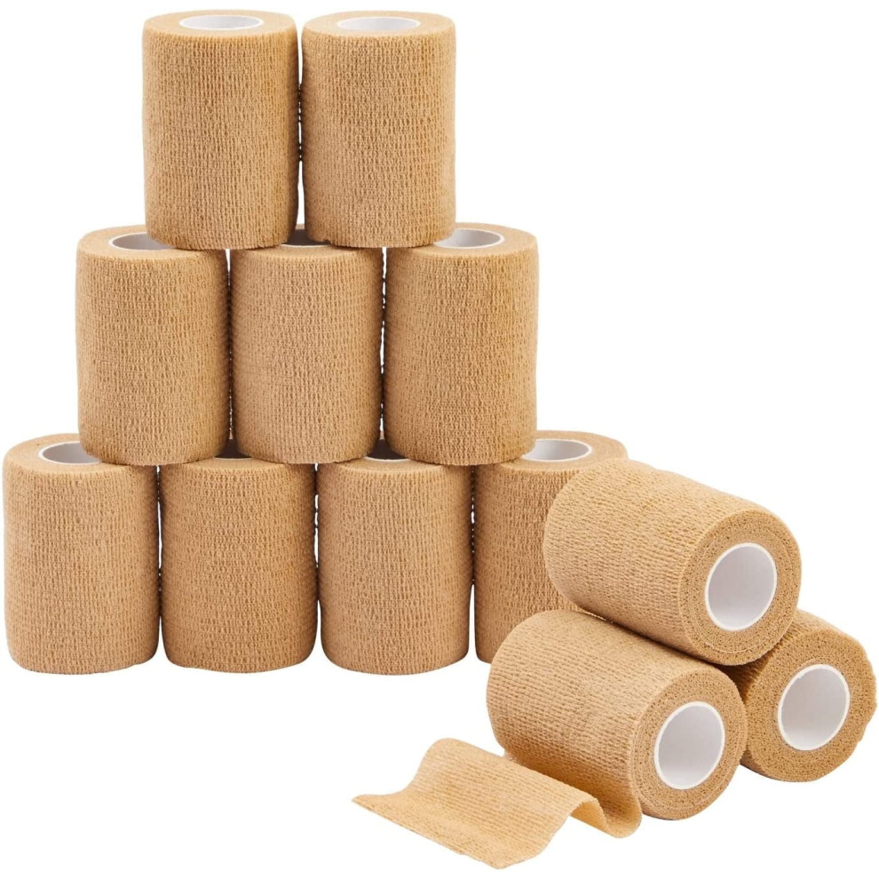 12 Rolls Tan Medical Self-Adhesive Bandage Wrap 3"x5yds, Breathable Cohesive Vet Tape for First Aid, Sports Injuries, Wrists, Ankles, Athletics