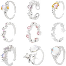 9 PCS Y2k Rings Set for Women, Crystal Rhinestones Heart Star Teardrop Glass Open Cuff Rings, Resin Half Round Irregular Agate Opal Cocktail DIY
