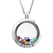 Tioneer Stainless Steel Faith Engraved Floating Glass Charm Locket Pendant Necklace 25 MM