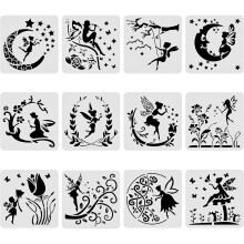 1Set 12pcs Plastic Reusable Stencils 30x30cm for Painting on Canvas, Fabric, Scrapbook, Wood, Tiles, Floor, Furniture - Angel & Fairy Pattern