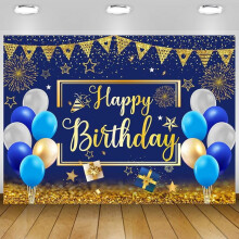 Navy Blue Birthday Backdrop for Men, Glitter Silver Balloons & Firework Decor, Compatible with Happy Birthday Party & Photography (Not Glowing)