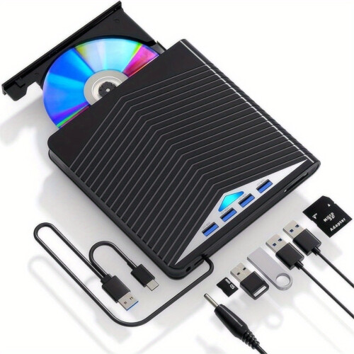 Multifunctional USB 3.0 Type-C External CD DVDRW Drive with 4 USB Ports, SD/TF Slots, Compatible with Linux Windows MacOS