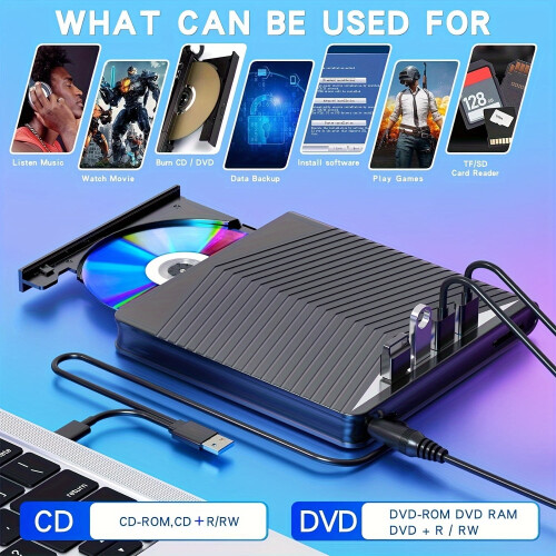 Multifunctional USB 3.0 Type-C External CD DVDRW Drive with 4 USB Ports, SD/TF Slots, Compatible with Linux Windows MacOS 1