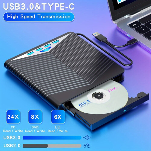 Multifunctional USB 3.0 Type-C External CD DVDRW Drive with 4 USB Ports, SD/TF Slots, Compatible with Linux Windows MacOS 2
