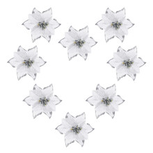 OULII 8pcs 13cm Glitter Artificial Wedding Christmas Flowers XMAS Tree Wreaths Decor Ornament (Silver)