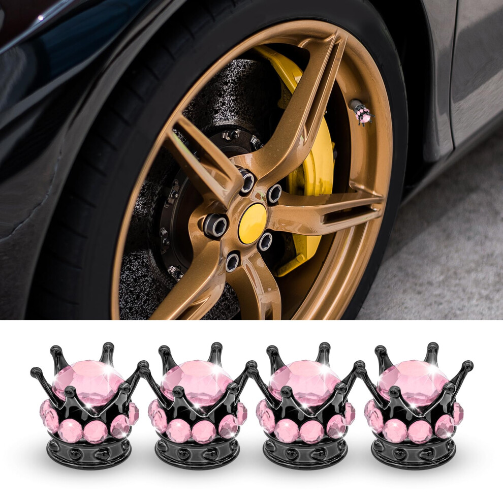 4Pcs And Crown Tire Valve Stem Caps Bling Crystal Rhinestone Car Wheel Accessories Universal Black/Pink 9070919161278