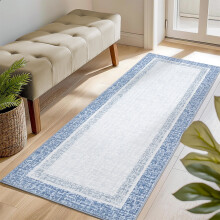 Haperlare Bordered Runner Rugs for Hallway Washable Low Pile Non Slip Laundry Rug Runner Rugs for Entryway Blue Floor Mat,2'x6'