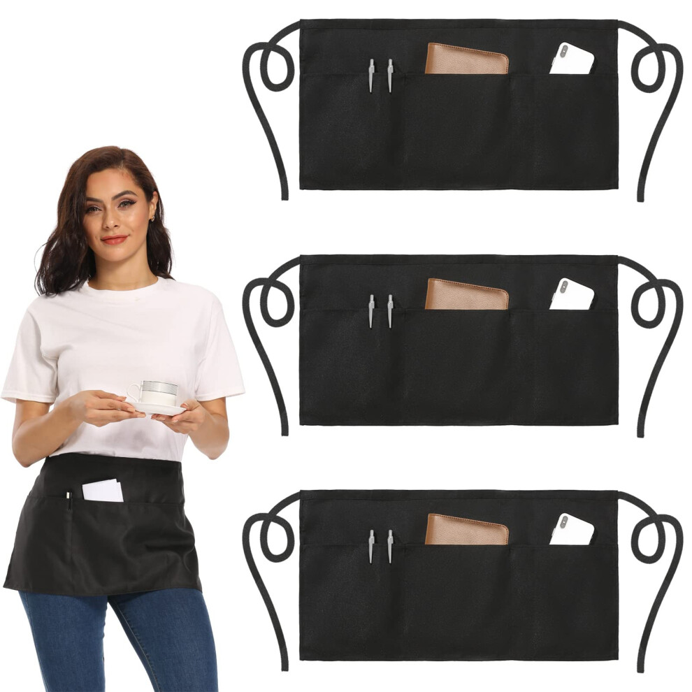 3 Pack Black Waitress Apron With Reinforced Pockets And Extra Long Straps For Restaurant Servers 9174973133544