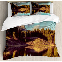 Aspen Tree Duvet Cover Set, Picturesque Mountain Lake in Colorado National Park View, 3PC Bedding Set with 2 Pillowcases, Green Brown Pale Blue