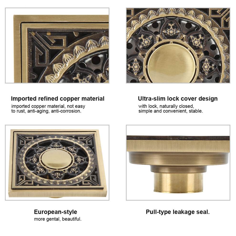 European Style 10X10cm Brass Gold Shower Drain Blocks Odors & Bugs Effectively 7901382808457