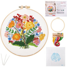 Flower Embroidery Stitch Practice Kit, Pattern Stamped for Beginners with Needles, Cotton Fabric, Hoops, Thread & Instructions