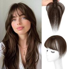 360 3D Coverage Clip-in Bangs, 100% Real Human Hair Top for Thinning Hair, Dark Brown 4x6 - Compatible with daily styling