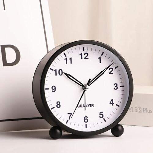 Silent Analog Alarm Clock Round - Black