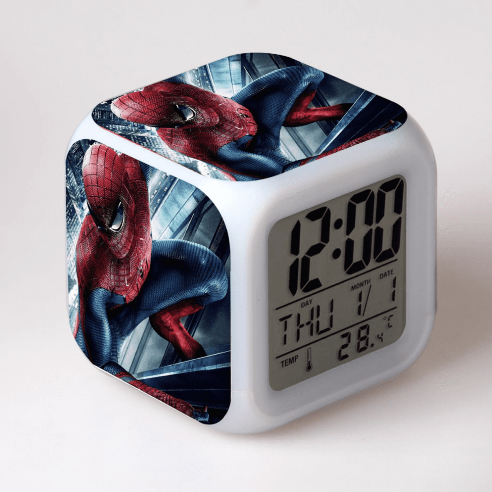 Hanntaoo Kids Alarm Clock With Spider-Man Pattern, 7 Color Led, Thermometer & Night – Compatible With Htnl#1635, Gift For Boys Girls Light