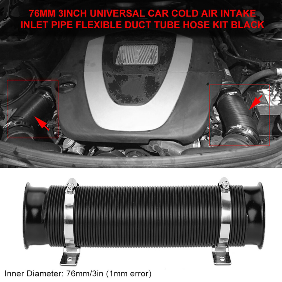 76Mm 3Inch Universal Car Cold Air Intake Pipe Flexible Duct Hose Kit Black 4221382812357