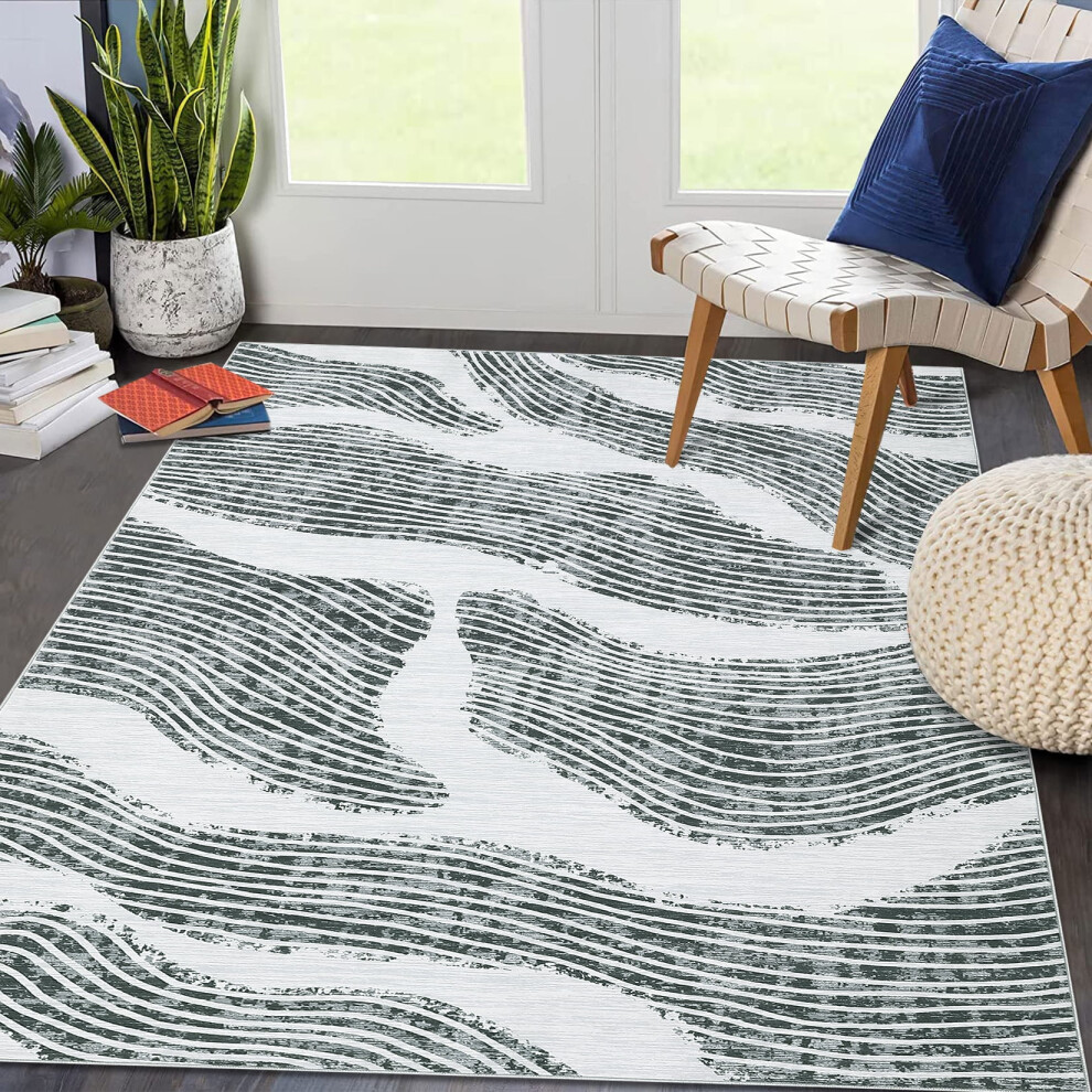 Haperlare Contemporary Abstract Area Rug Washable Modern Ocean Print Rugs for Kitchen Stain-Resistant Dining Room Rugs,Grey,5'x7'