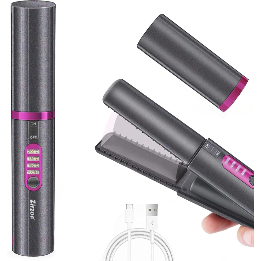 Cordless Hair Straightener 2 in 1, Mini Flat Iron with USB-C Rechargeable 4800mAh, Ceramic Plate, Anti-Scald, 3 Temp Settings, Travel Size