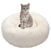 Soft Round Dog and Cat Bed - Soothing Anti-Stress Plush Cat and Dog Pillow, Donut Comfortable Washable Bed for Cats and Small to Medium Dogs (White)