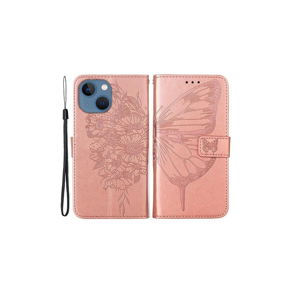 Compatible With Iphone 14 Wallet Case Butterfly Flower Imprinted - Rose Gold 9389440749986
