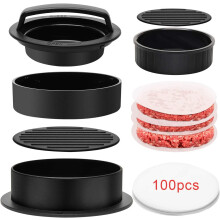 3 in 1 Burger Press Patty Maker, Compatible with Hamburger & Stuffed Burgers, Includes 100 Parchment Papers, Non-Stick Design (Black)