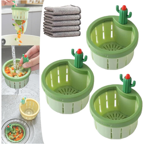 Cactus Kitchen Sink Drain Strainer, Press Auto Dump Basket, Multi-Functional Lifting Filter Net for Home Use (Green, 3 PCS)