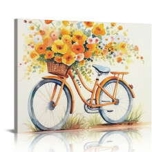 ONETECH Yellow Bicycle Flower Painting - Watercolor Abstract Bike with Floral Bouquet Wildflowers Canvas Art for Home Decor
