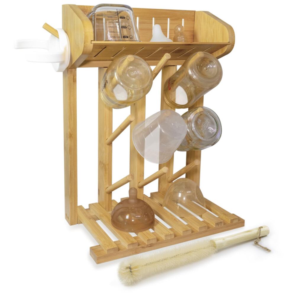 Bamboo Baby Bottle Drying Rack Vertical Space Saving Holds 9 Bottles with Draining Base and Brush