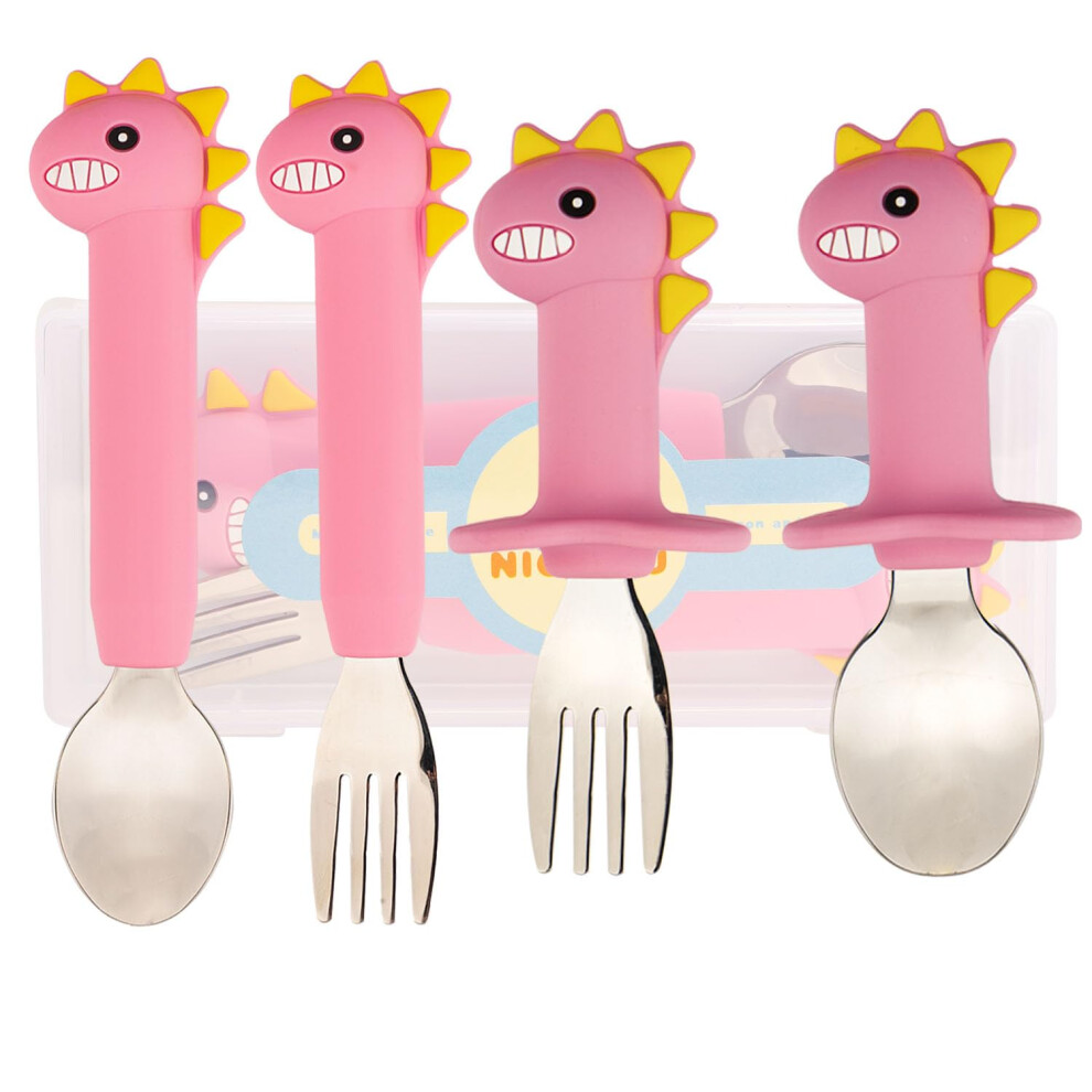 Toddler Spoon And Fork Set With Ergonomic Silicone Grip, Stainless Steel Baby Feeding Utensils, Dinosaur Pink