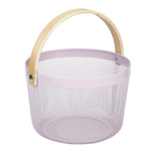 Large Black Wire Mesh Fruit Storage Basket with Wooden Handle, Breathable Design, Lavender Purple