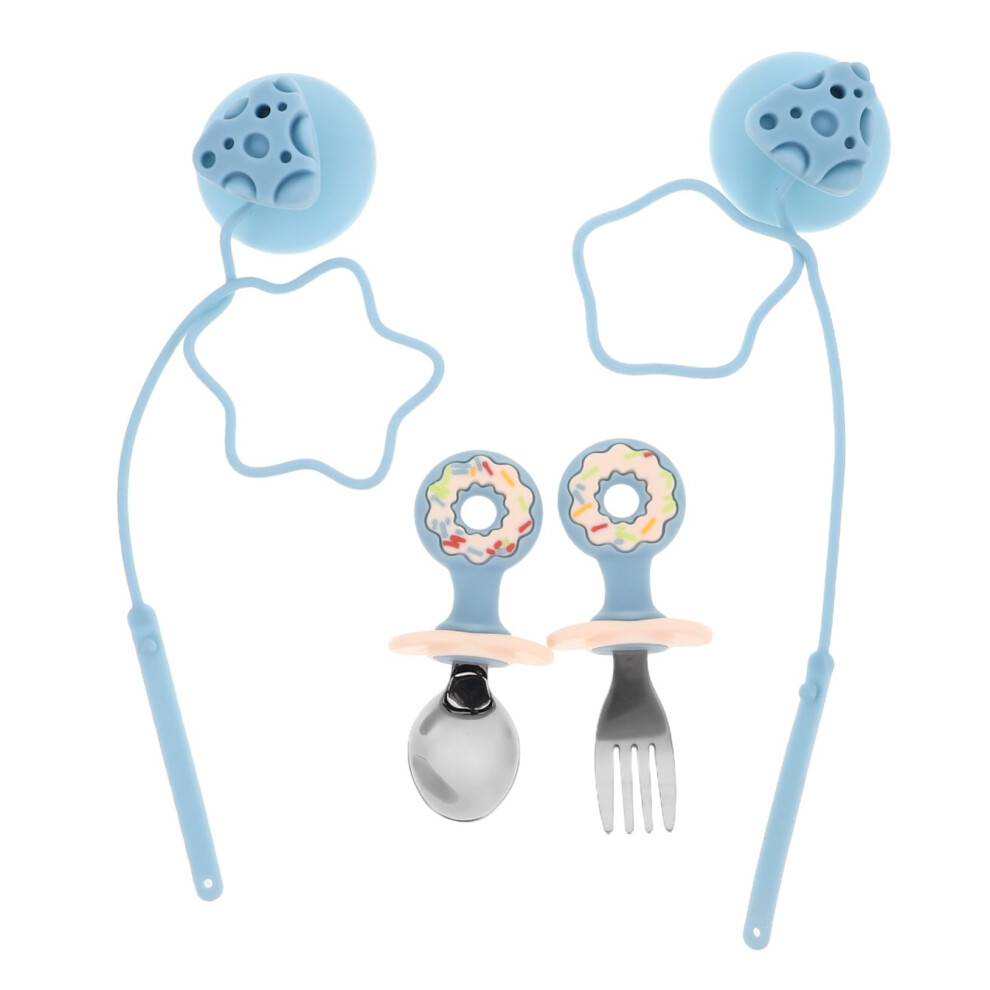 Baby Feeding Utensils Silicone and Stainless Steel Toddler Spoon and Fork Set with Safety Chain