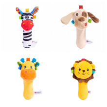 JANDEL 4 Pack Cartoon Stuffed Animal Baby Soft Plush Hand Rattle Squeaker Sticks for Toddlers - Lion, Zebra, Giraffe, Dog