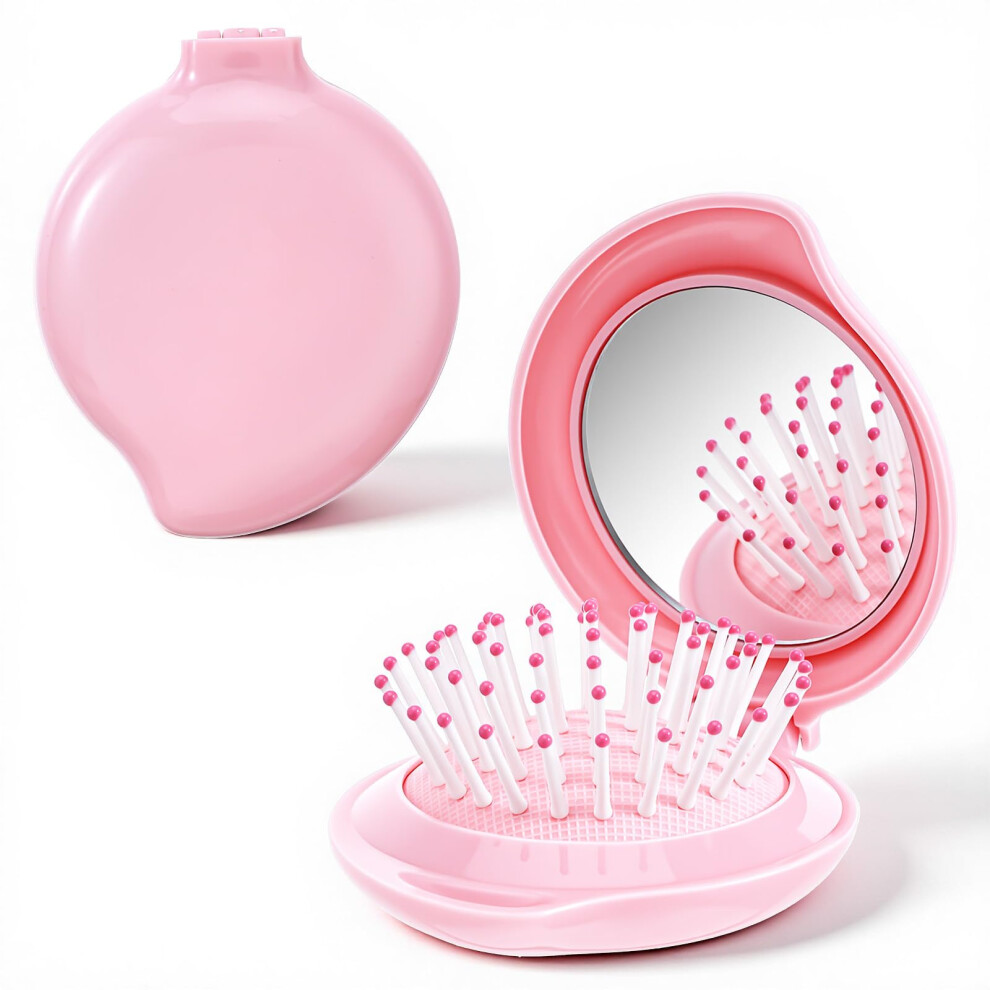 Pink Travel Hair Brush With Mirror, Compact Folding Detangling Brush For Purse And Girls,