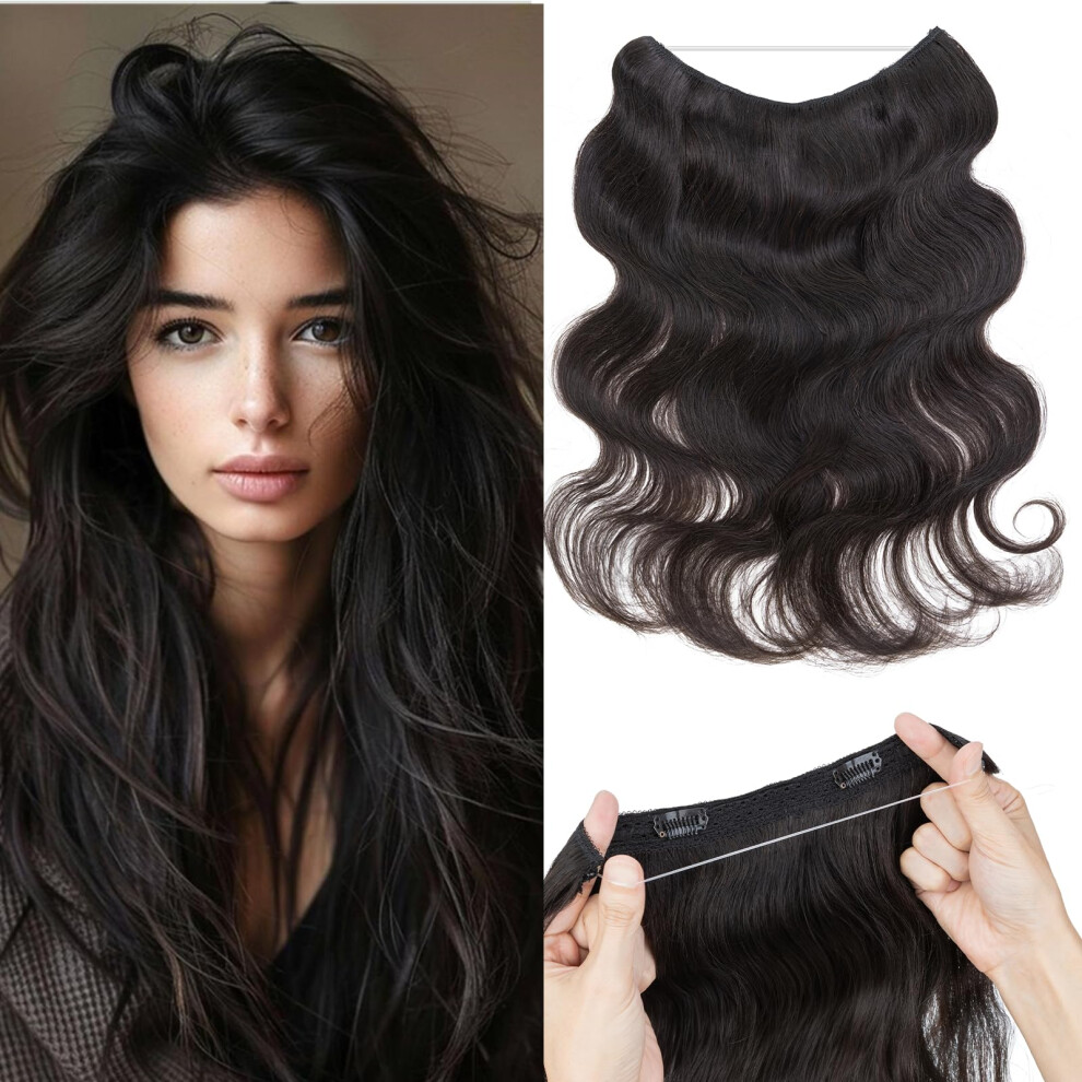Unisex Black Halo Hair Extensions 22 Inch Natural Wavy Human Hair With Invisible Wire For Instant Volume