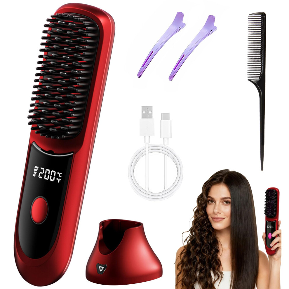 Red Cordless Hair Straightener Brush With Ionic Technology, Fast Ceramic Heating, Rechargeable 6400Mah For Travel (Red)