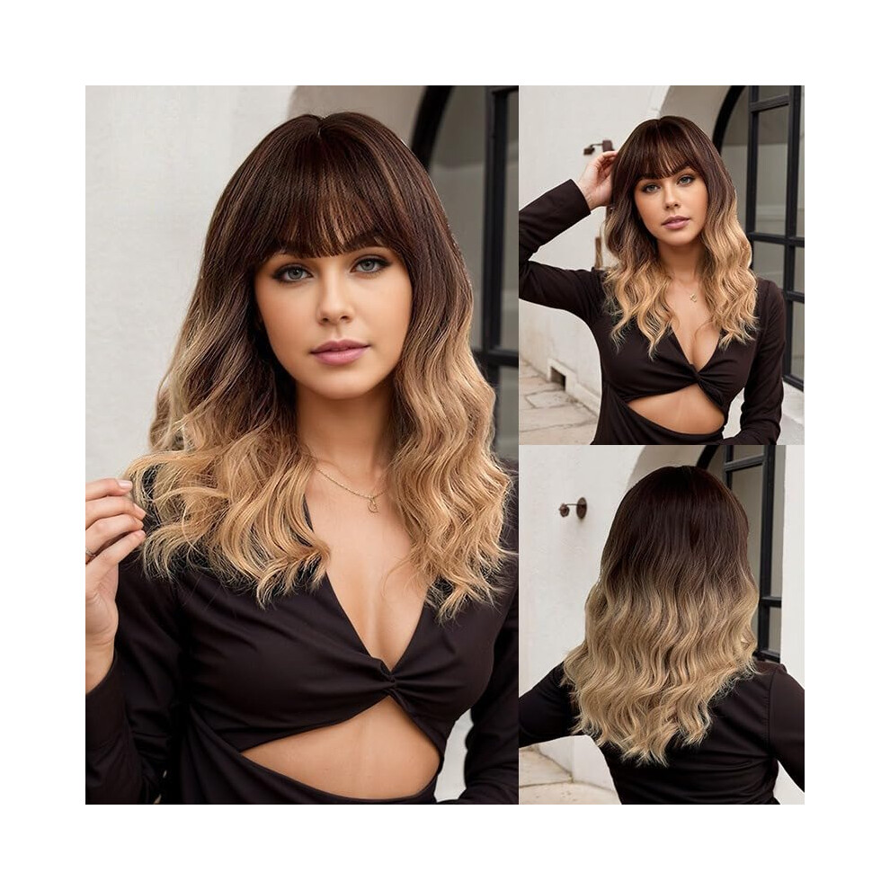 Unisex Brown 16 Inch To Blonde Curly Human Hair Wig With Bangs, Glueless Dark Root Style For Women