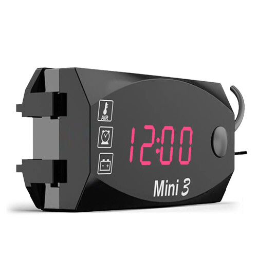 Motorcycle Handlebar Clock with Digital Voltmeter and Thermometer, IP67 Waterproof LED Display (Red)