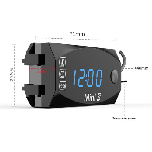 Motorcycle Handlebar Clock with Digital Voltmeter and Thermometer, IP67 Waterproof LED Display (Red) 2