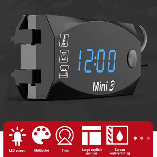 Motorcycle Handlebar Clock with Digital Voltmeter and Thermometer, IP67 Waterproof LED Display (Red) 1