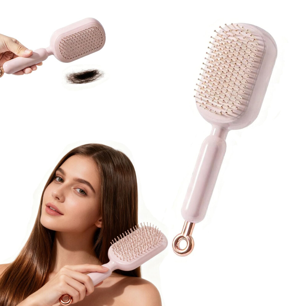 Pink Selfcleaning Detangling Hair Brush With Onepull Easy Clean, Antistatic Cushion Massage For All Hair Types