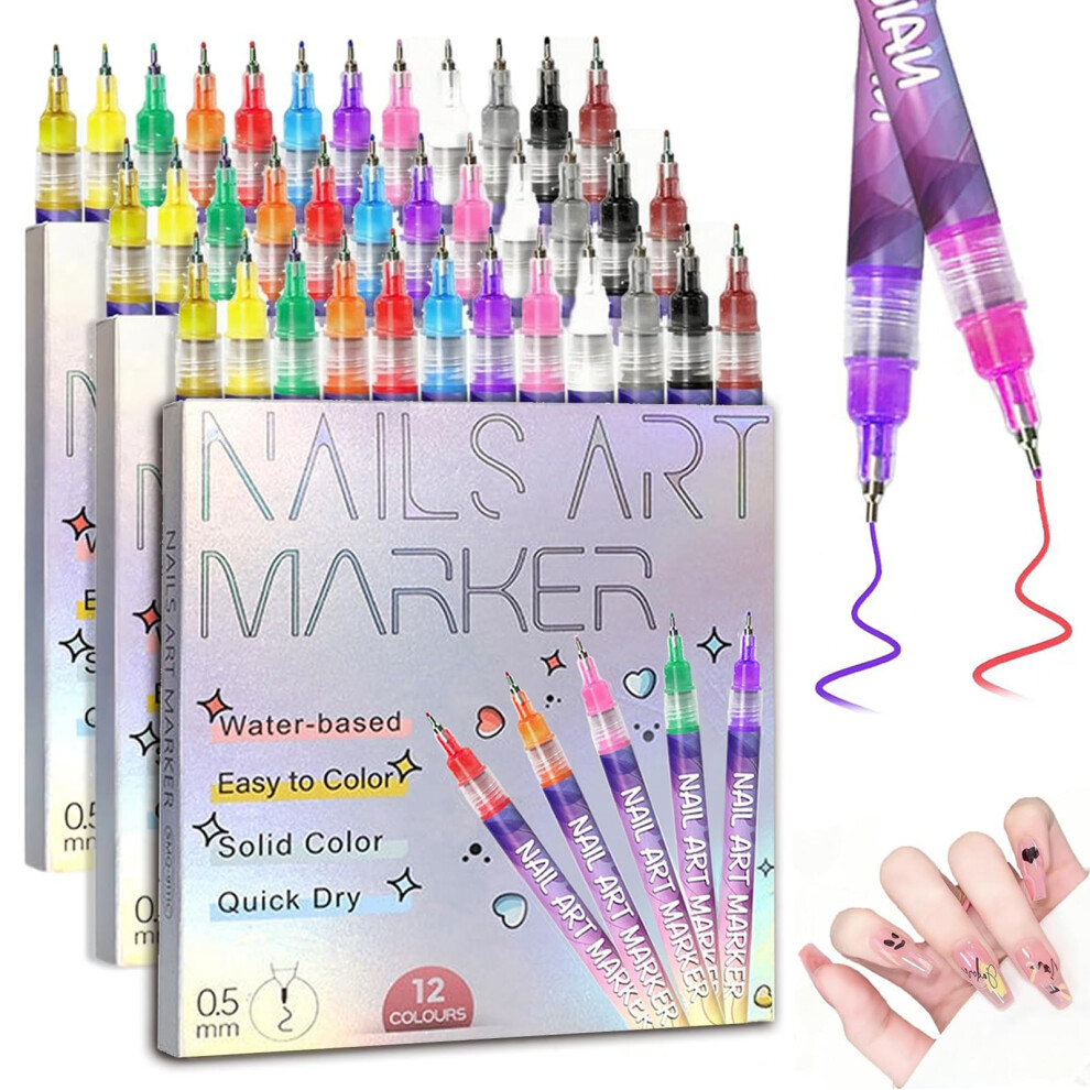 12 Colors Nail Art Pens Set with Ultrafine Precision Tip, QuickDry Waterproof Markers, 36pcs