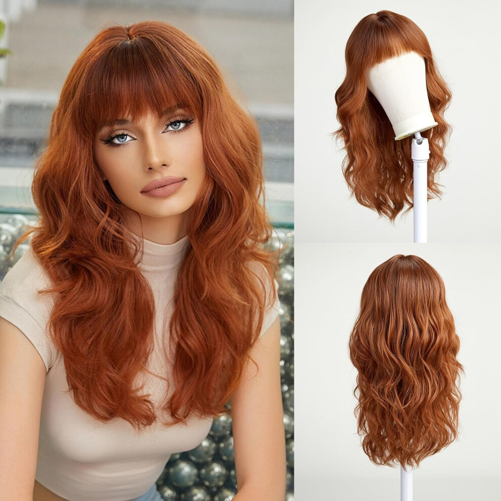 Unisex Red 22 Inch Auburn Human Hair Wig With Bangs, Long Wavy Curly, Heat Resistant, Lightweight For Women