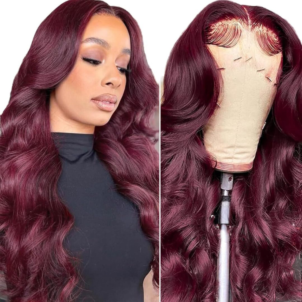 Unisex Red 20 Inch 99J Burgundy Human Hair Lace Front Wig Pre Plucked Hd Swiss Lace Virgin Remy Hair
