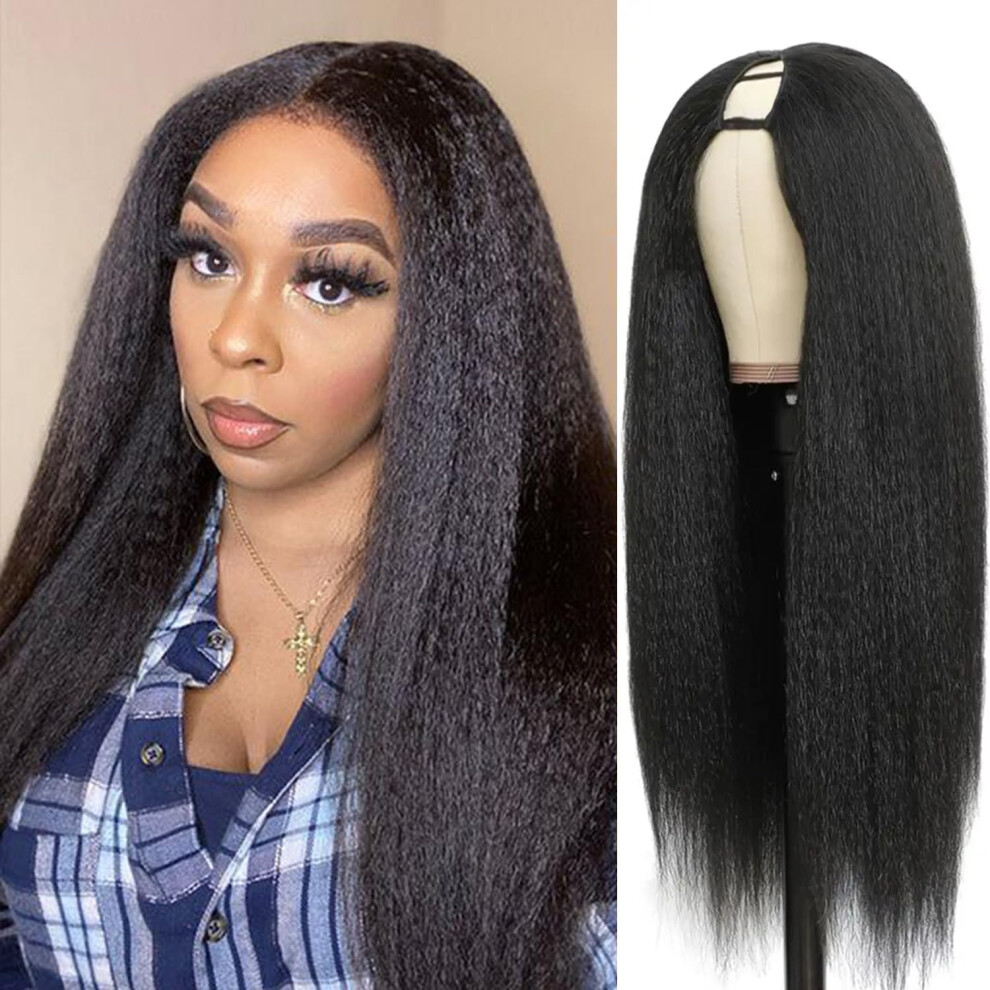 28 Inch Kinky Straight U Part Wig Human Hair 200% Density Natural Black No Glue for Women