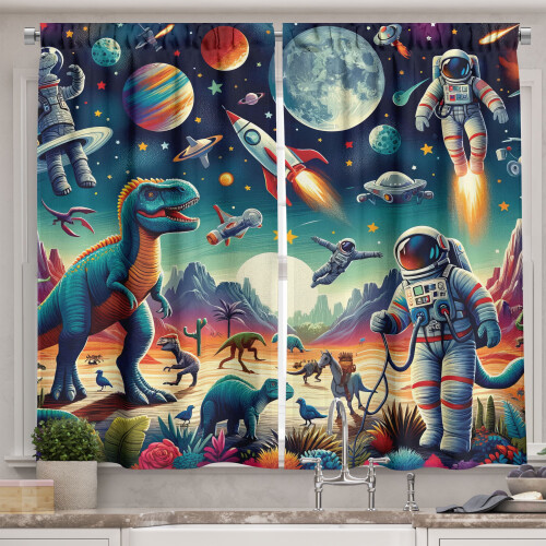 Ambesonne Outer Space Kitchen Curtains, Surreal Astronaut Moon, 55"x36", Multicolor Teal Red