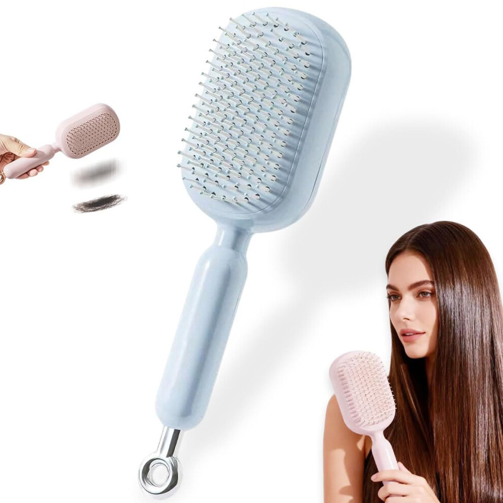 Detangling Hair Brush with Retractable SelfCleaning Cushion for Thick or Curly Hair, Blue